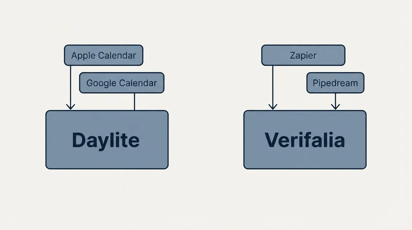 Integration schematic: Integration Ecosystem (Daylite, Verifalia, Apple Calendar, Zapier)