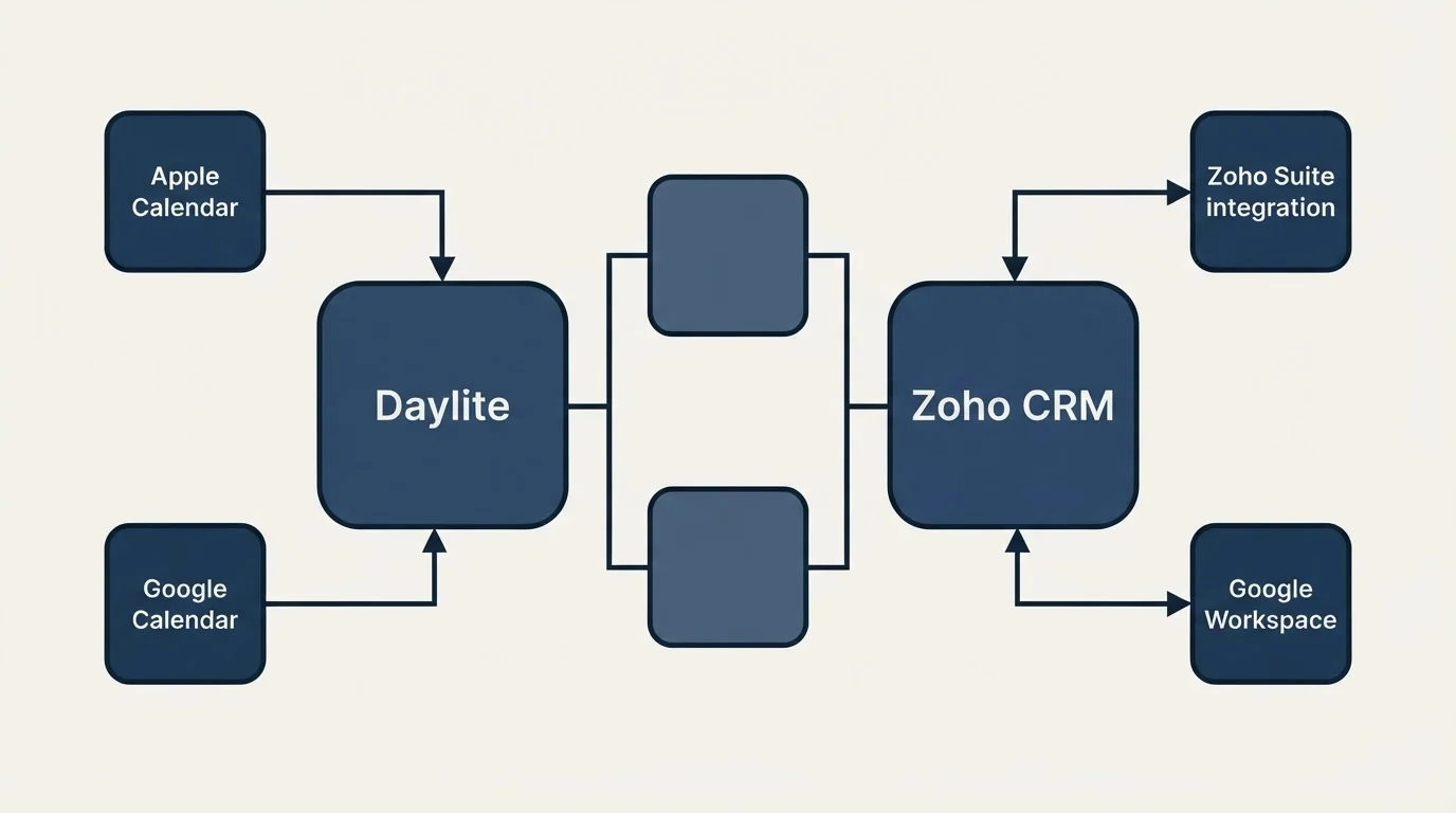 Integration flow: Integration Ecosystem (Daylite, Zoho CRM, Apple Calendar, Zoho Suite integration)