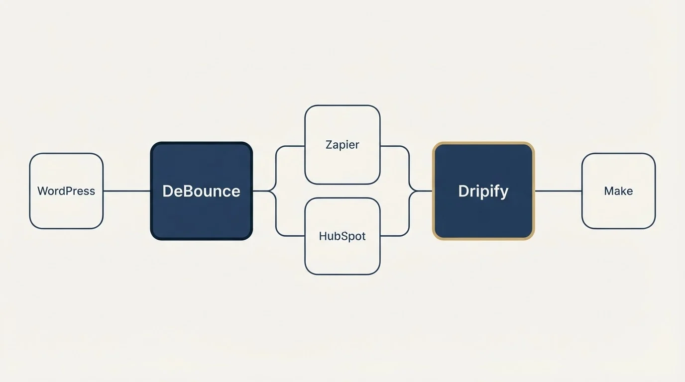Integration schematic: Integration Ecosystem (DeBounce, Dripify, Zapier, HubSpot)