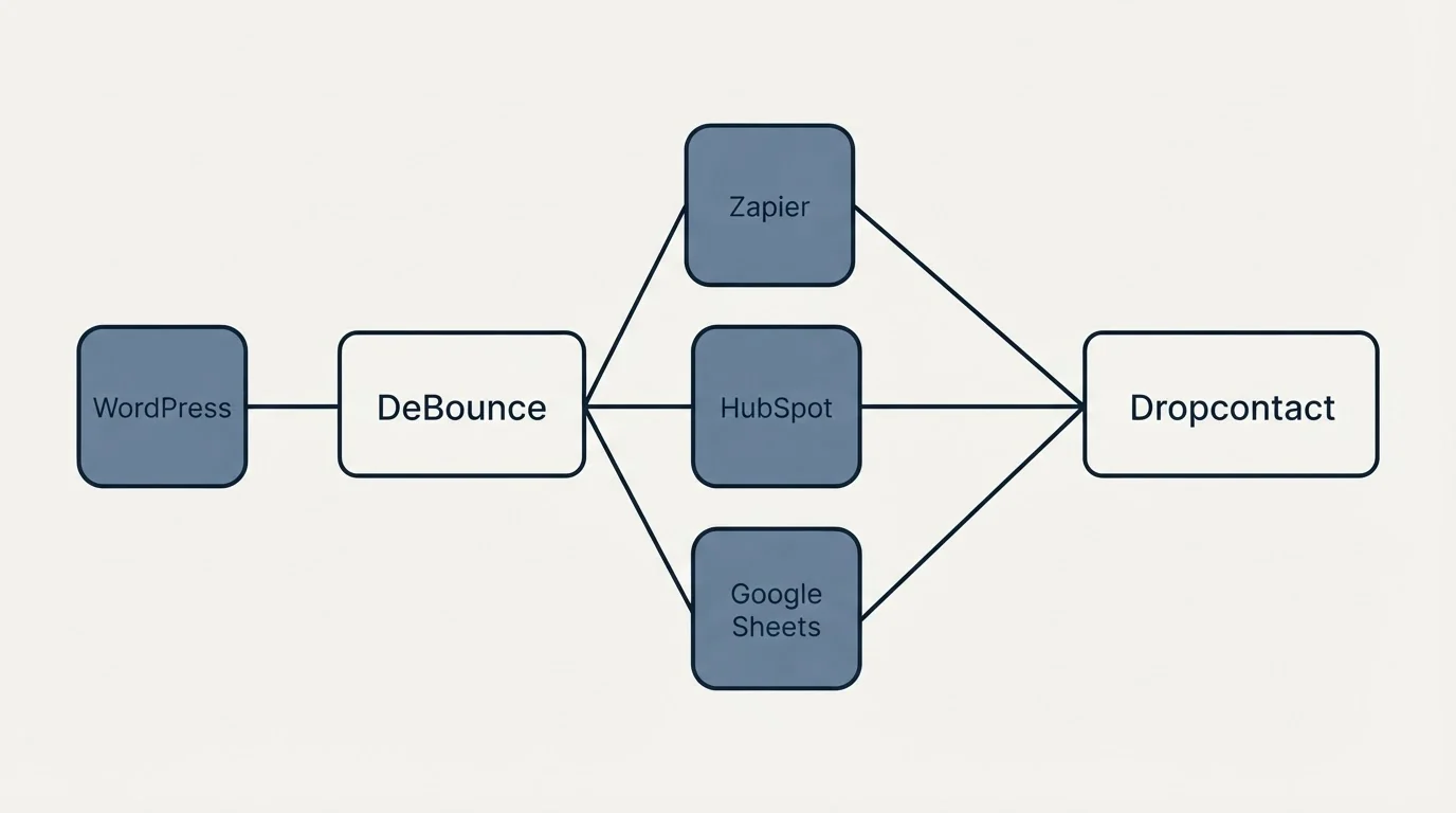 Integration schematic: Integration Ecosystem (DeBounce, Dropcontact, Zapier, HubSpot)