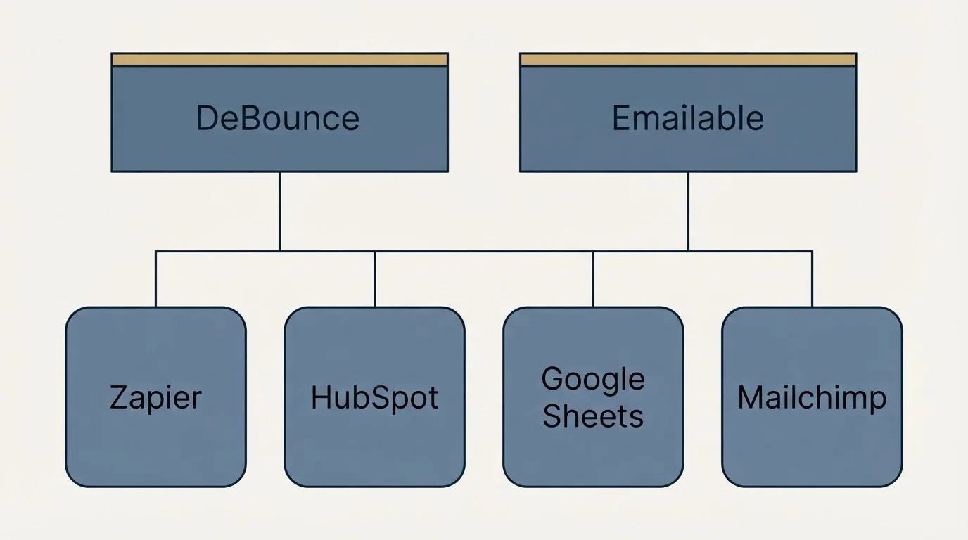 Integration grid: Integration Ecosystem (DeBounce, Emailable, Zapier, HubSpot)