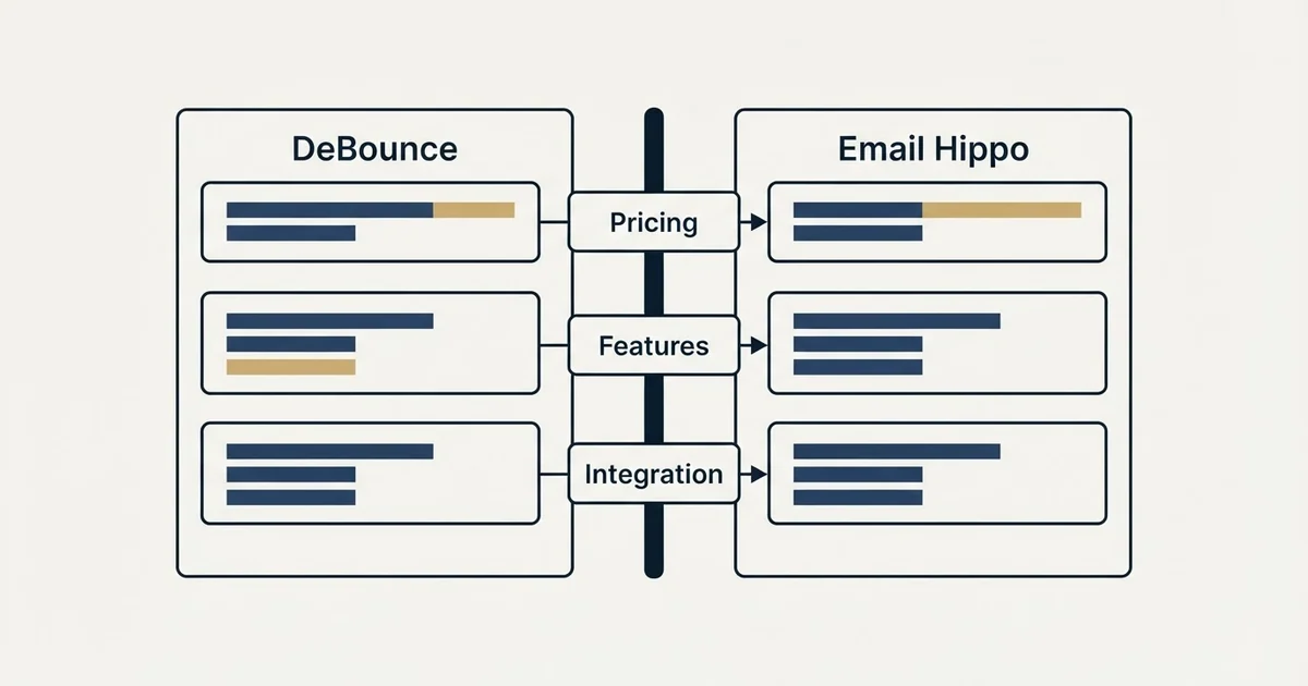 Comparison panel: DeBounce vs Email Hippo (Pricing, Features, Integration)