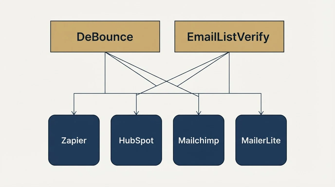 Integration grid: Integration Ecosystem (DeBounce, EmailListVerify, Zapier, HubSpot)