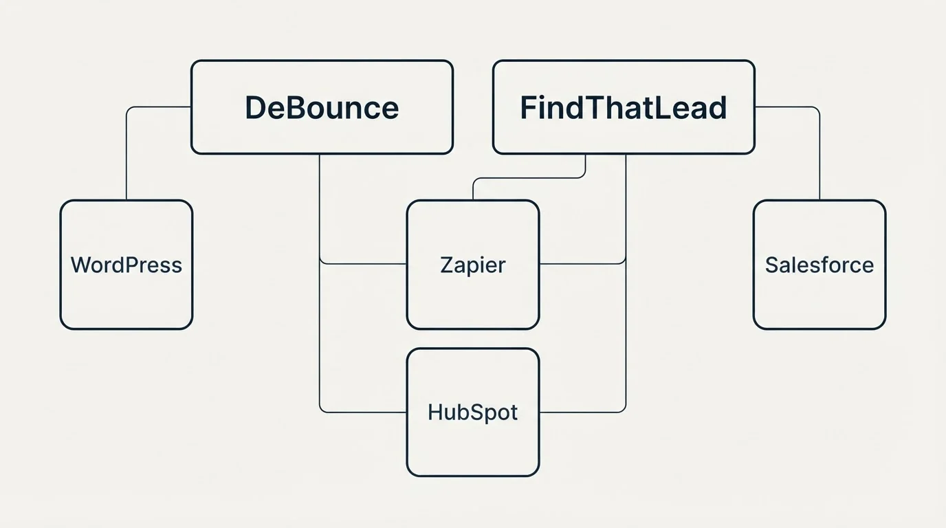 Integration grid: Integration Ecosystem (DeBounce, FindThatLead, Zapier, HubSpot)