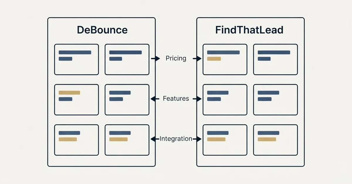 Comparison panel: DeBounce vs FindThatLead (Pricing, Features, Integration)
