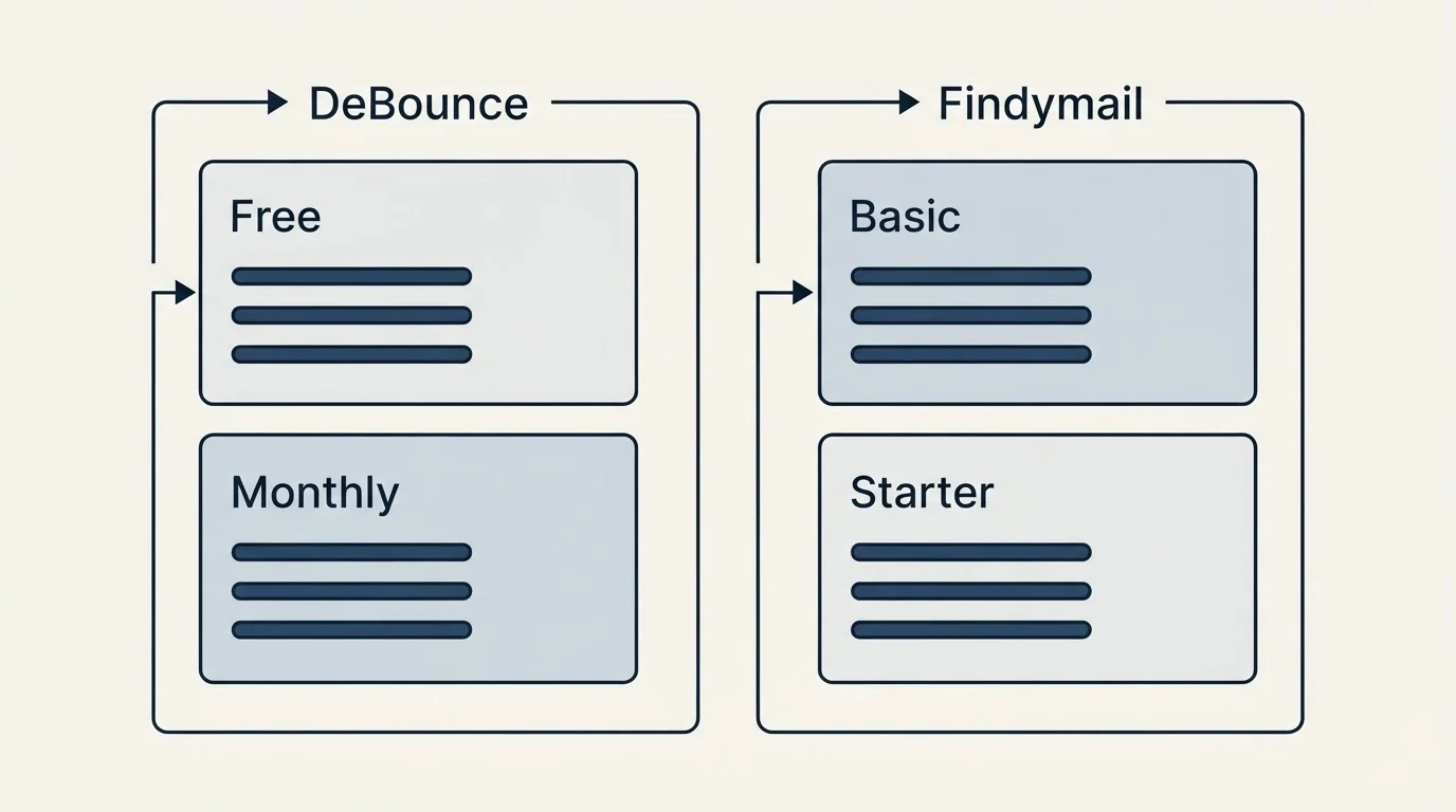 Pricing panels: Pricing Comparison (DeBounce, Findymail, Free, Basic)