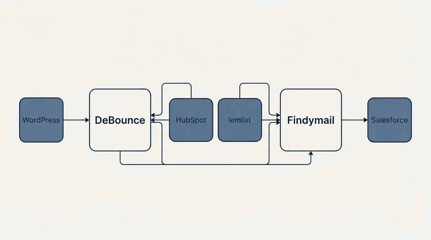 Integration schematic: Integration Ecosystem (DeBounce, Findymail, HubSpot, lemlist)