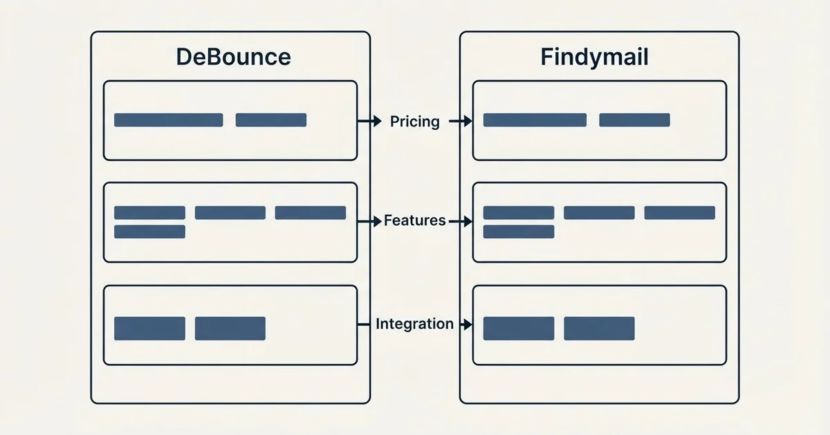 Comparison panel: DeBounce vs Findymail (Pricing, Features, Integration)