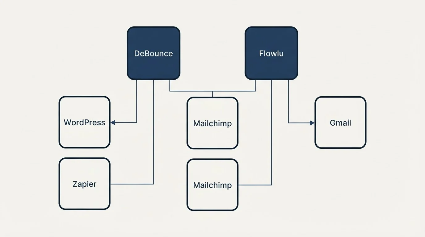 Integration grid: Integration Ecosystem (DeBounce, Flowlu, Mailchimp, WordPress)