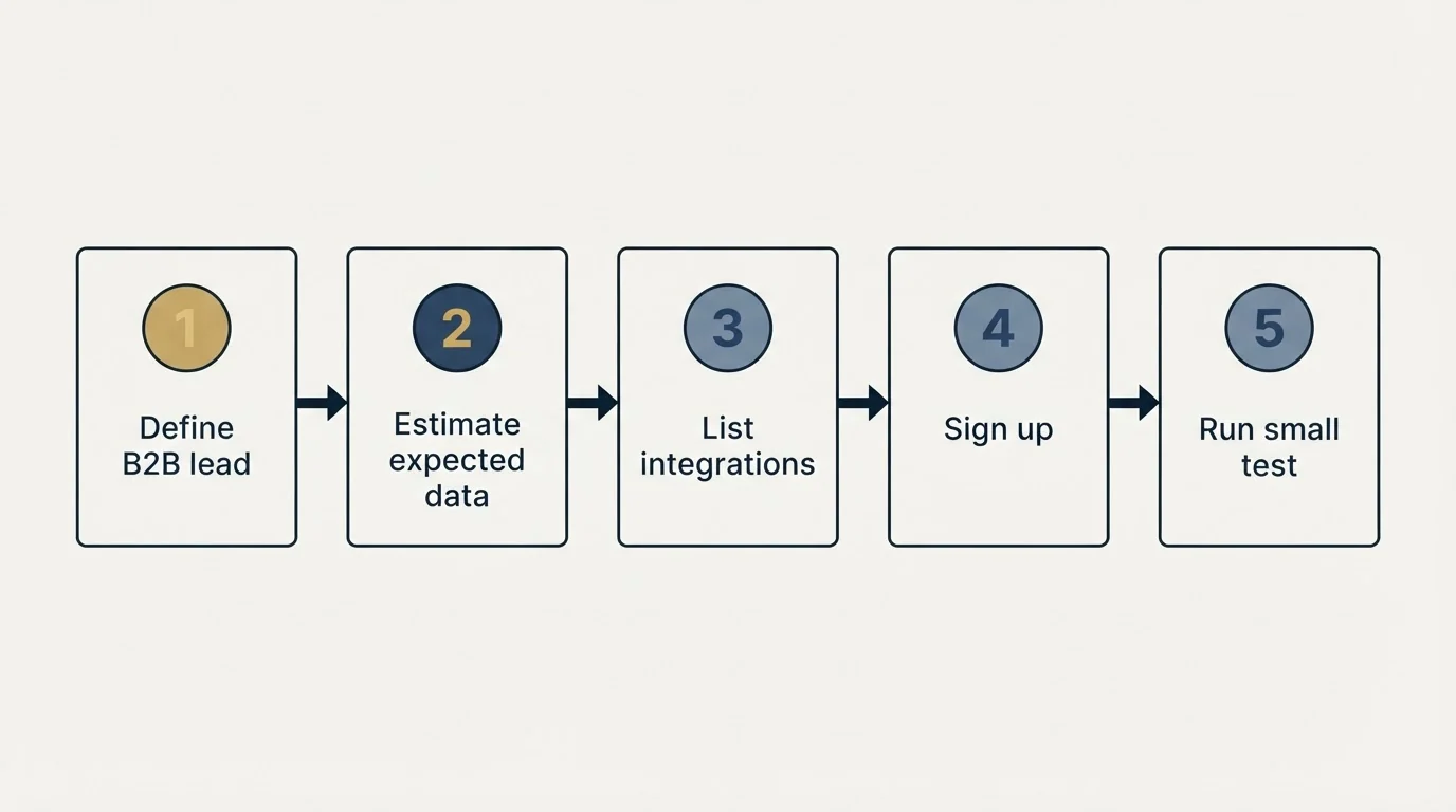 Step sequence: Getting Started Checklist (Define B2B lead, Estimate expected data, List integrations, Sign up)