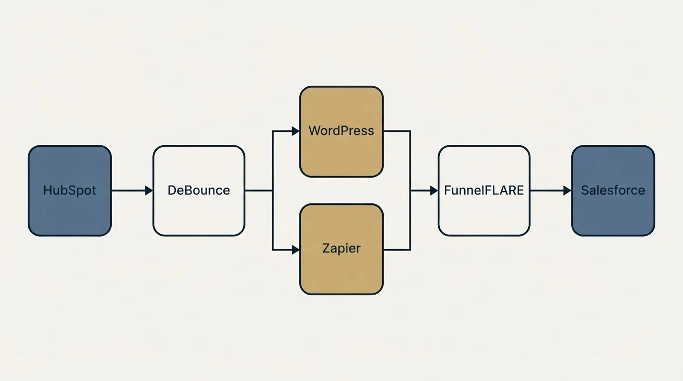 Integration flow: Integration Ecosystem (DeBounce, FunnelFLARE, WordPress, Zapier)
