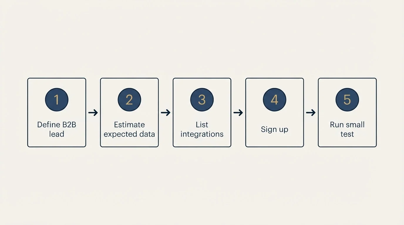Step sequence: Getting Started Checklist (Define B2B lead, Estimate expected data, List integrations, Sign up)