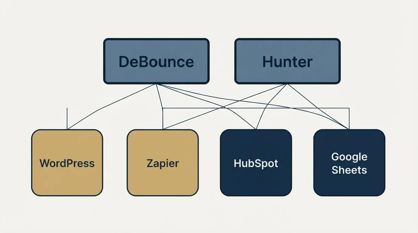 Integration grid: Integration Ecosystem (DeBounce, Hunter, Zapier, HubSpot)