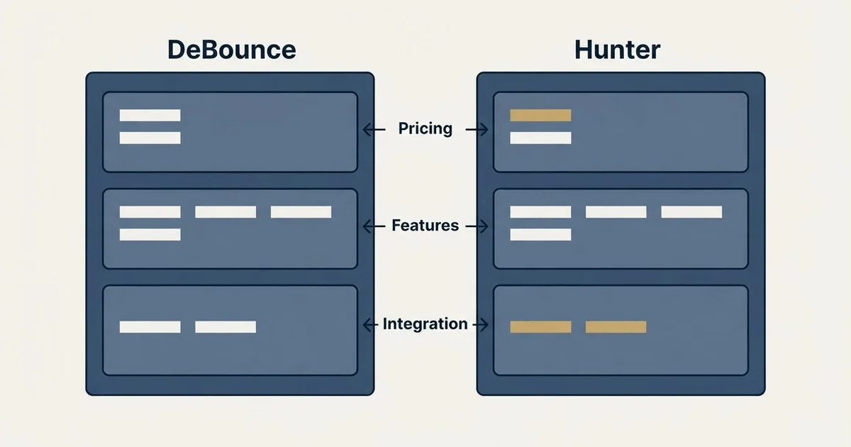 Comparison panel: DeBounce vs Hunter (Pricing, Features, Integration)