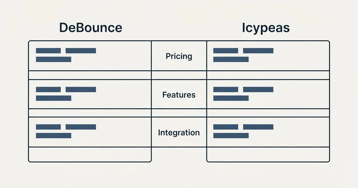 Comparison panel: DeBounce vs Icypeas (Pricing, Features, Integration)