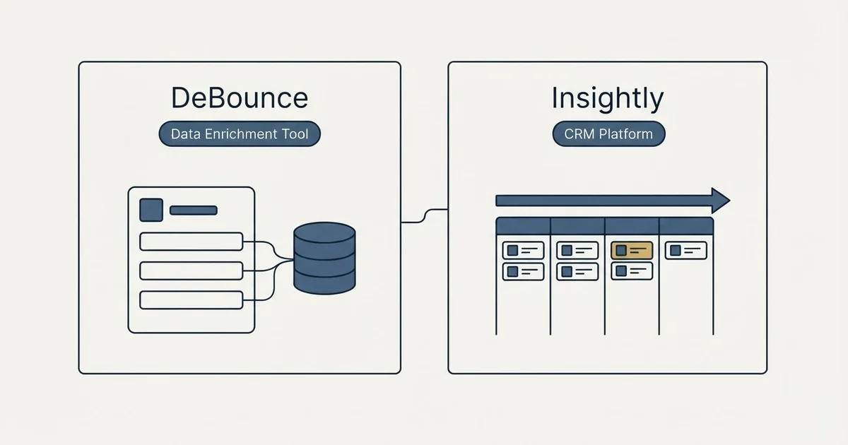 Side-by-side panels: DeBounce vs Insightly (Data Enrichment Tool, CRM Platform)
