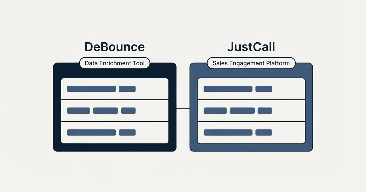 Side-by-side panels: DeBounce vs JustCall (Data Enrichment Tool, Sales Engagement Platform)