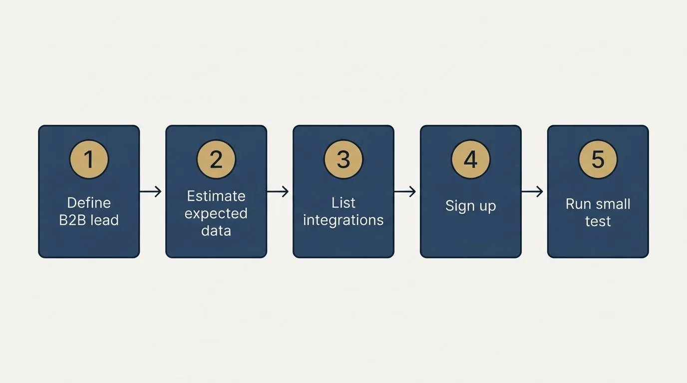 Step sequence: Getting Started Checklist (Define B2B lead, Estimate expected data, List integrations, Sign up)