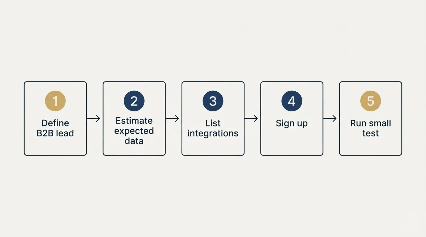 Step sequence: Getting Started Checklist (Define B2B lead, Estimate expected data, List integrations, Sign up)