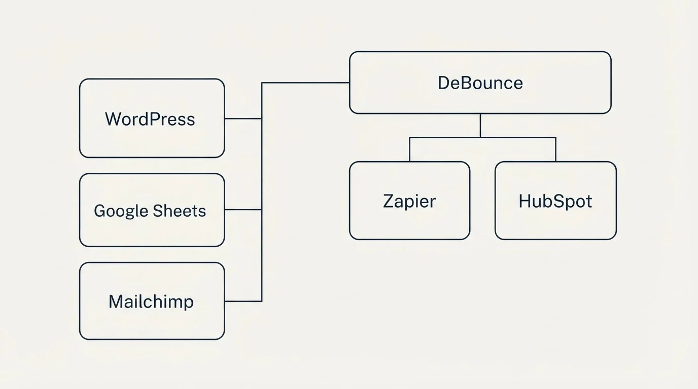 Integration grid: Integration Ecosystem (DeBounce, Zapier, HubSpot, WordPress)