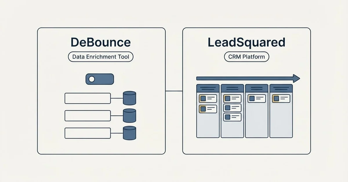 Side-by-side panels: DeBounce vs LeadSquared (Data Enrichment Tool, CRM Platform)