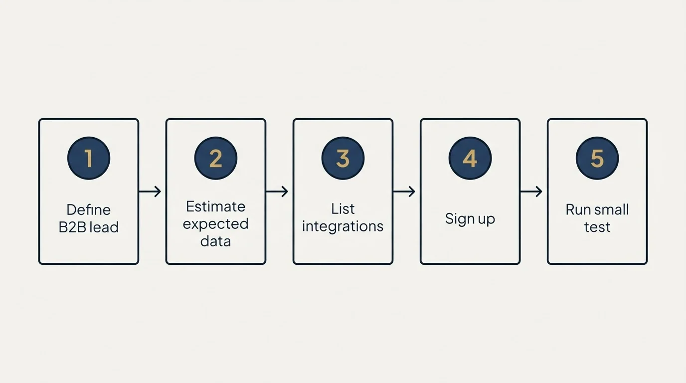 Step sequence: Getting Started Checklist (Define B2B lead, Estimate expected data, List integrations, Sign up)