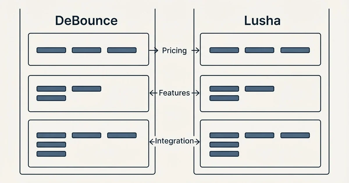 Comparison panel: DeBounce vs Lusha (Pricing, Features, Integration)