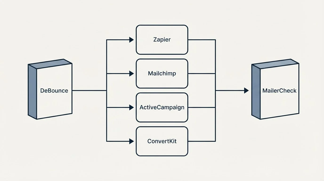 Integration flow: Integration Ecosystem (DeBounce, MailerCheck, Zapier, Mailchimp)