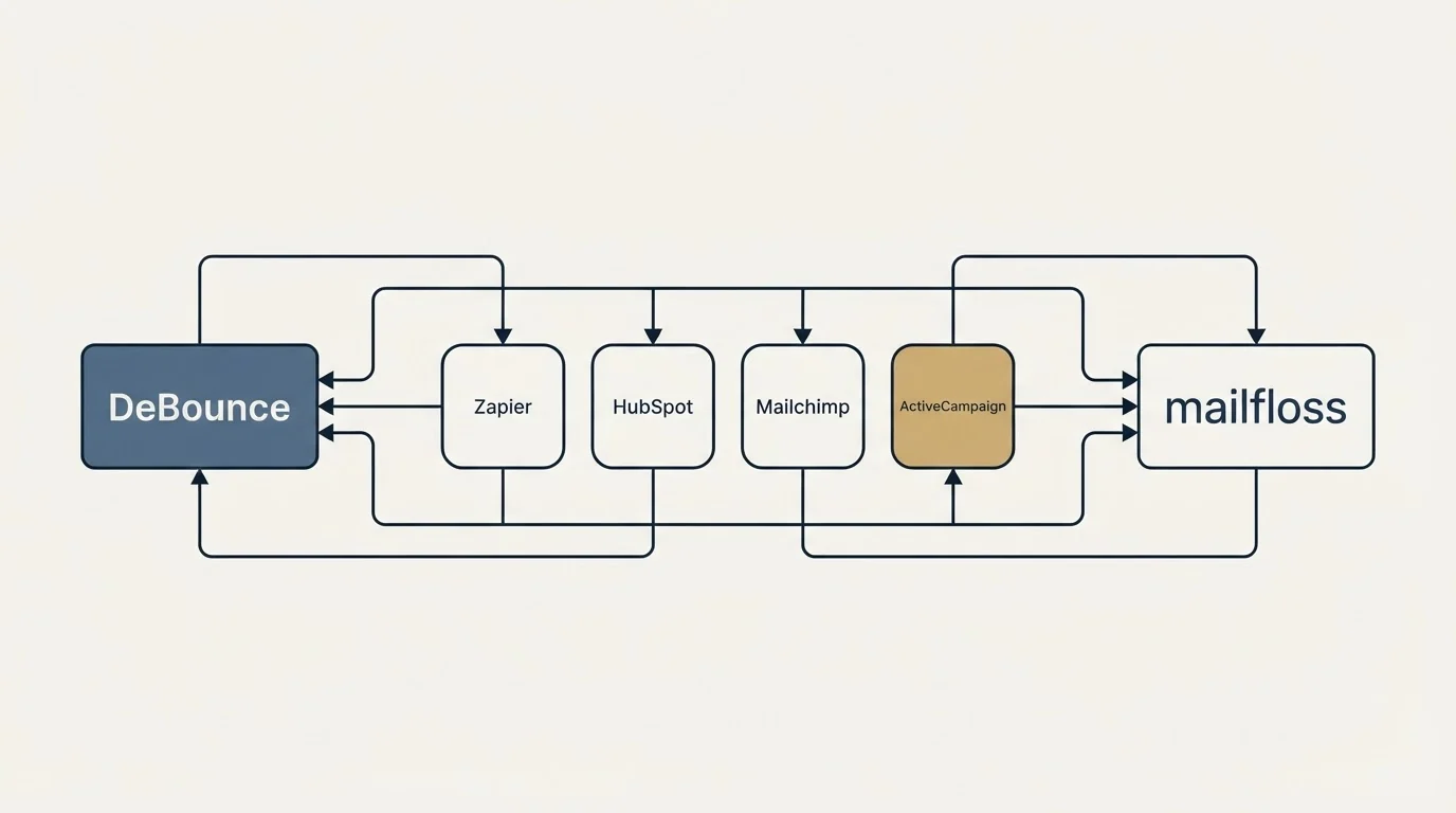 Integration schematic: Integration Ecosystem (DeBounce, mailfloss, Zapier, HubSpot)