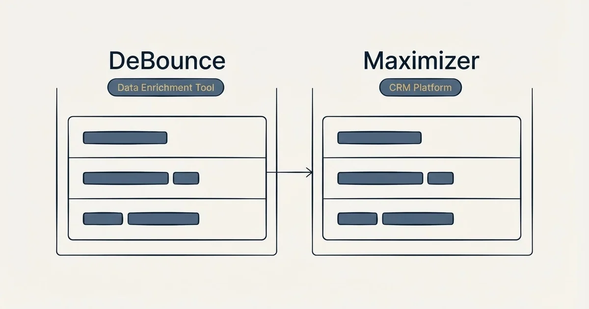 Side-by-side panels: DeBounce vs Maximizer (Data Enrichment Tool, CRM Platform)