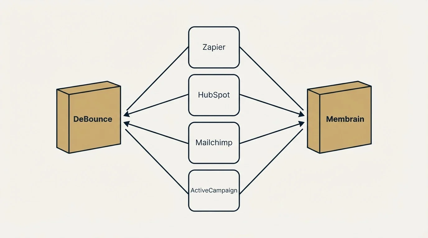 Integration flow: Integration Ecosystem (DeBounce, Membrain, Zapier, HubSpot)