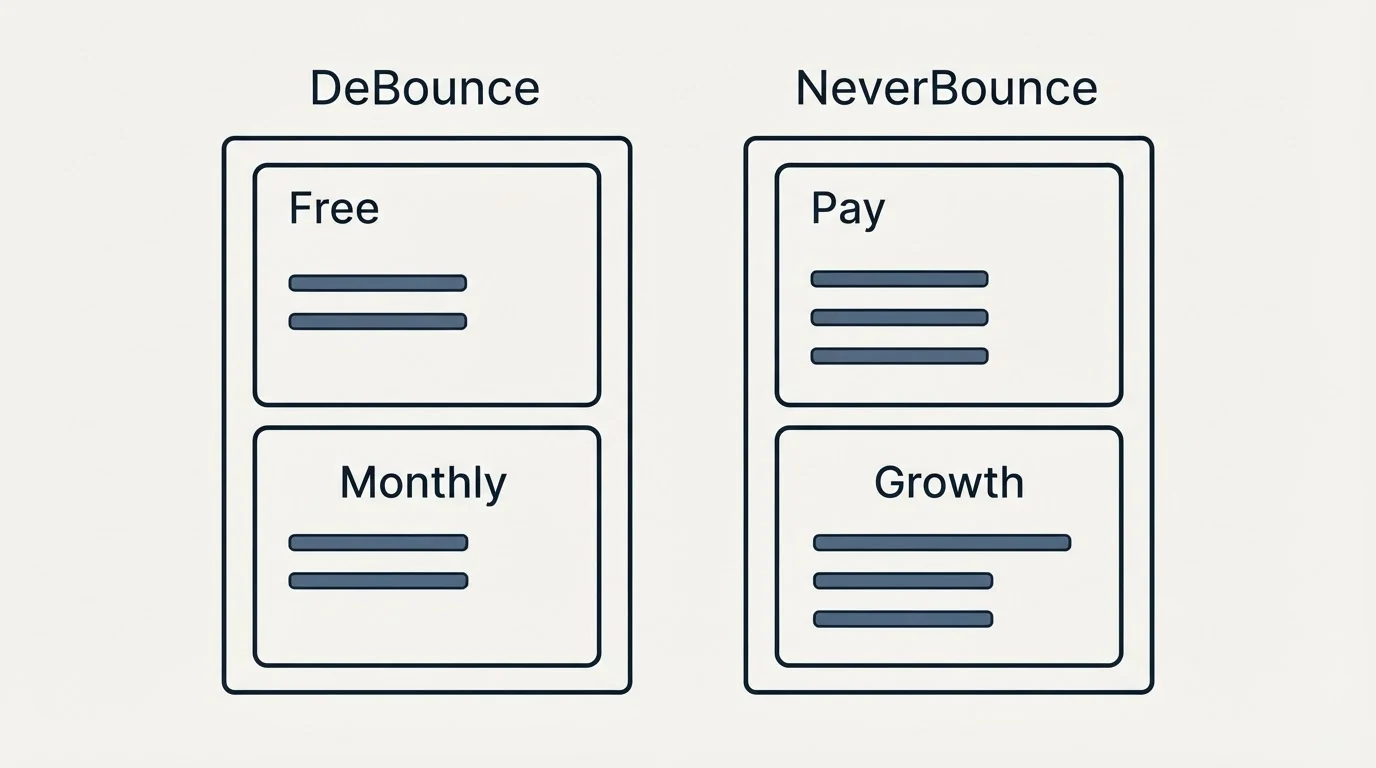 Pricing panels: Pricing Comparison (DeBounce, NeverBounce, Free, Pay)