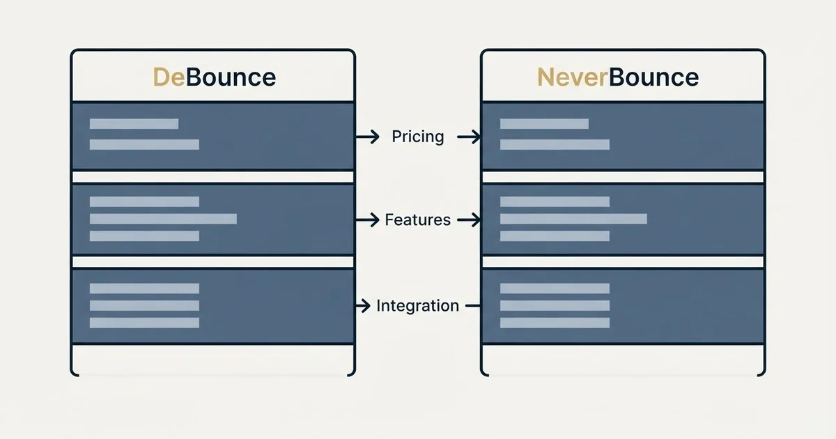 Comparison panel: DeBounce vs NeverBounce (Pricing, Features, Integration)