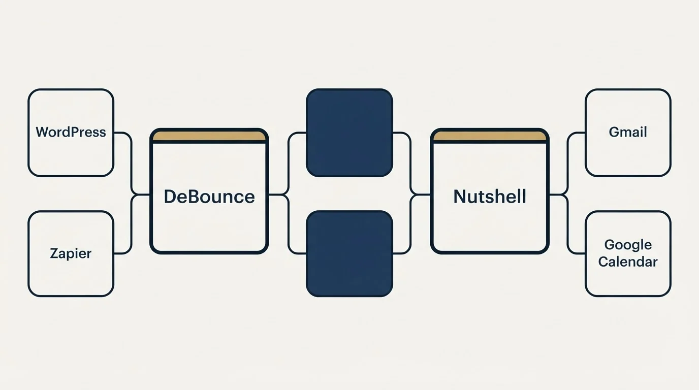 Integration schematic: Integration Ecosystem (DeBounce, Nutshell, WordPress, Gmail)