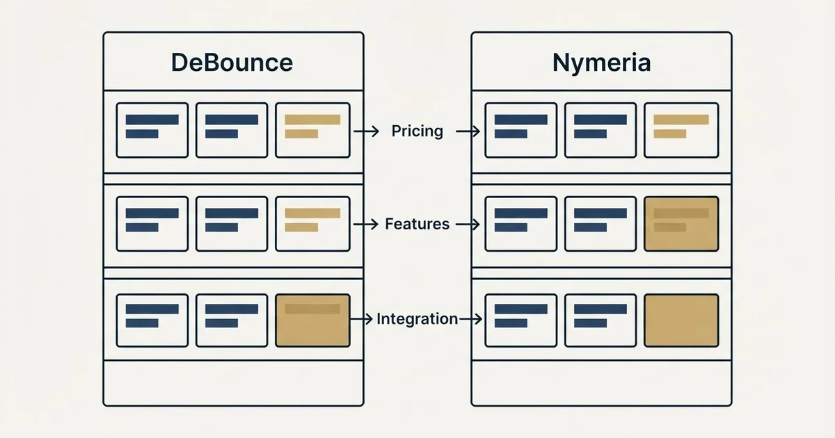 Comparison panel: DeBounce vs Nymeria (Pricing, Features, Integration)