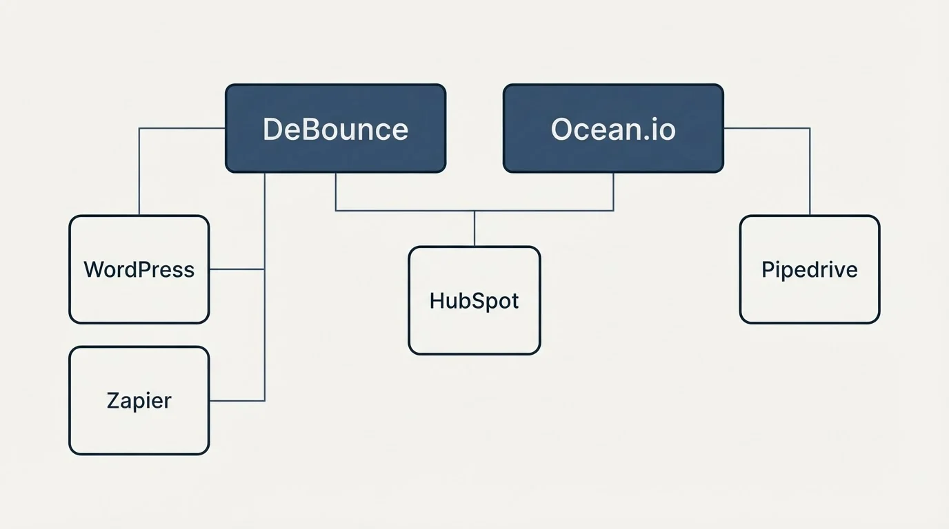 Integration grid: Integration Ecosystem (DeBounce, Ocean.io, HubSpot, WordPress)