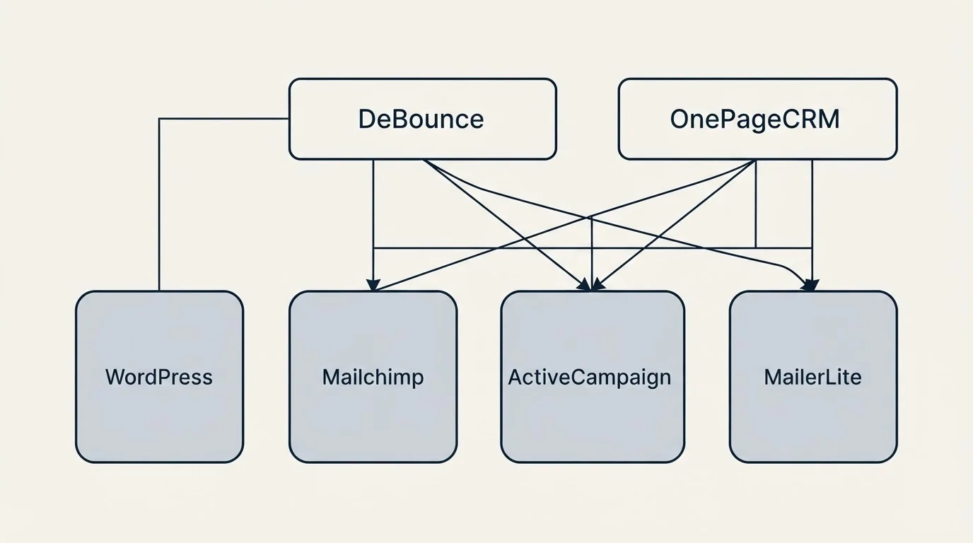 Integration grid: Integration Ecosystem (DeBounce, OnePageCRM, Mailchimp, ActiveCampaign)