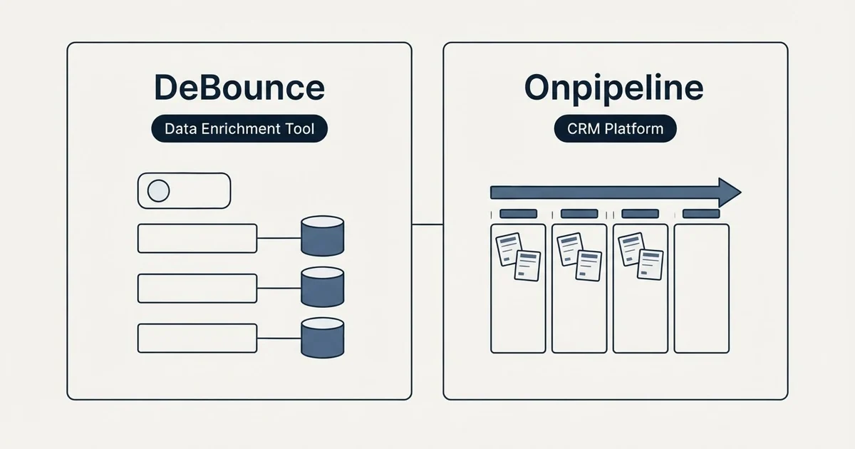 Side-by-side panels: DeBounce vs Onpipeline (Data Enrichment Tool, CRM Platform)