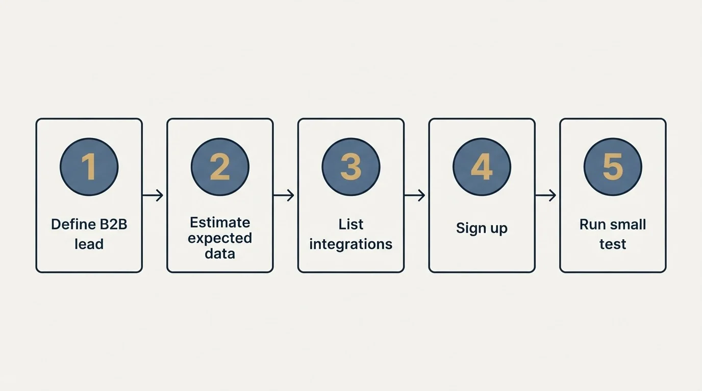 Step sequence: Getting Started Checklist (Define B2B lead, Estimate expected data, List integrations, Sign up)