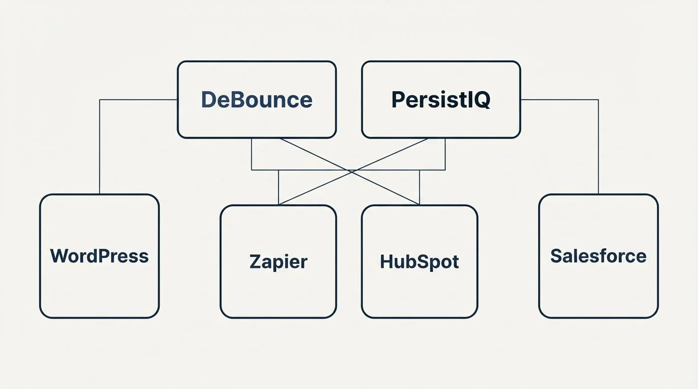 Integration grid: Integration Ecosystem (DeBounce, PersistIQ, Zapier, HubSpot)