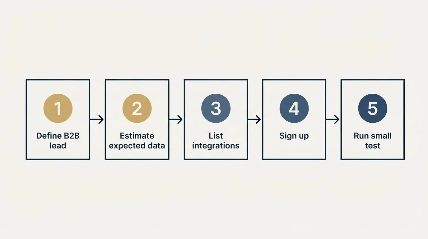 Step sequence: Getting Started Checklist (Define B2B lead, Estimate expected data, List integrations, Sign up)