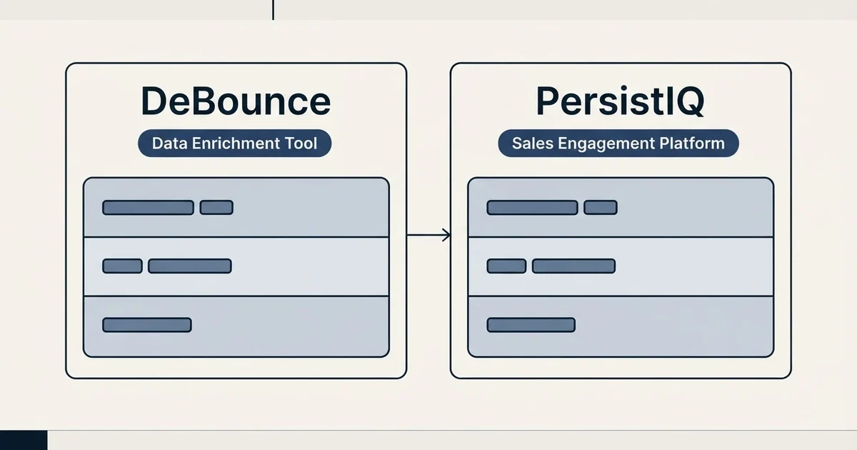 Side-by-side panels: DeBounce vs PersistIQ (Data Enrichment Tool, Sales Engagement Platform)