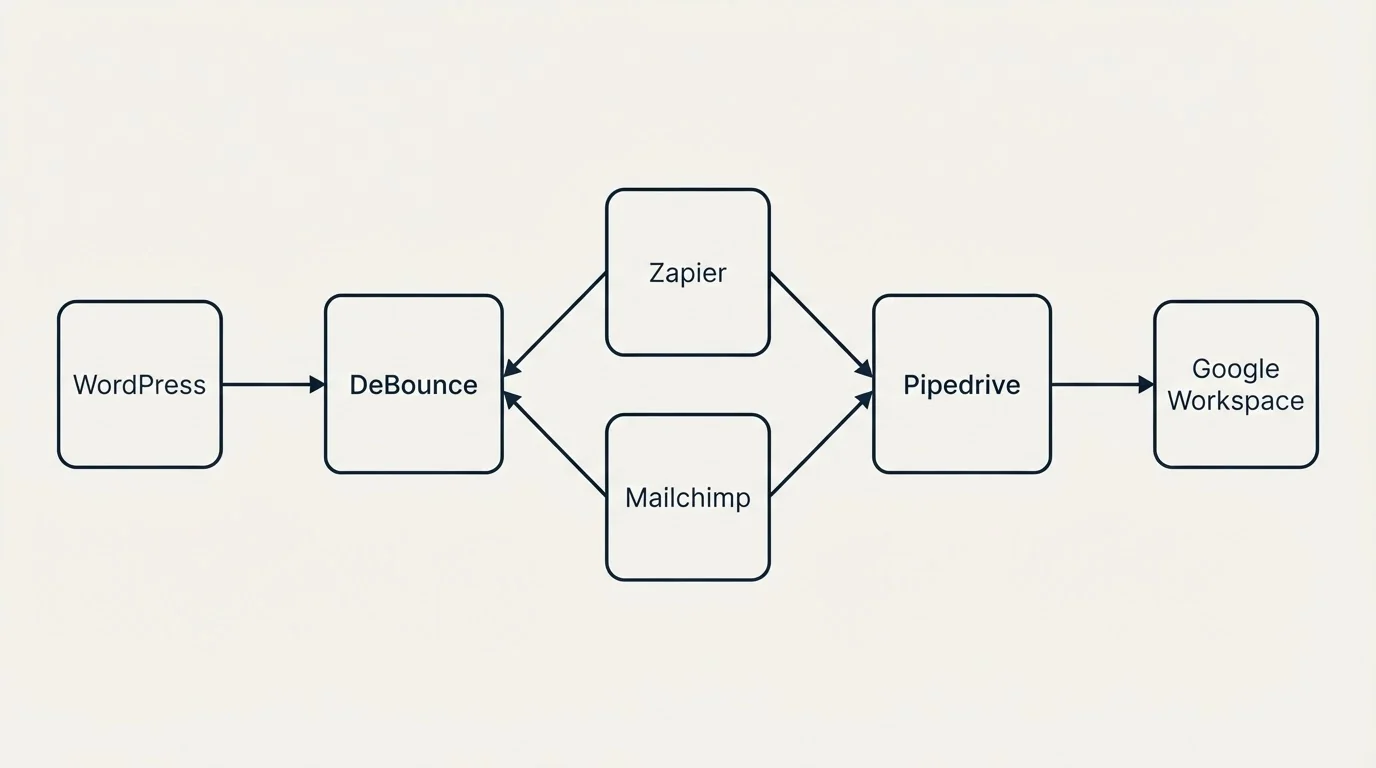 Integration schematic: Integration Ecosystem (DeBounce, Pipedrive, Zapier, Mailchimp)