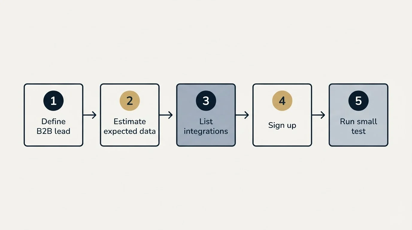 Step sequence: Getting Started Checklist (Define B2B lead, Estimate expected data, List integrations, Sign up)