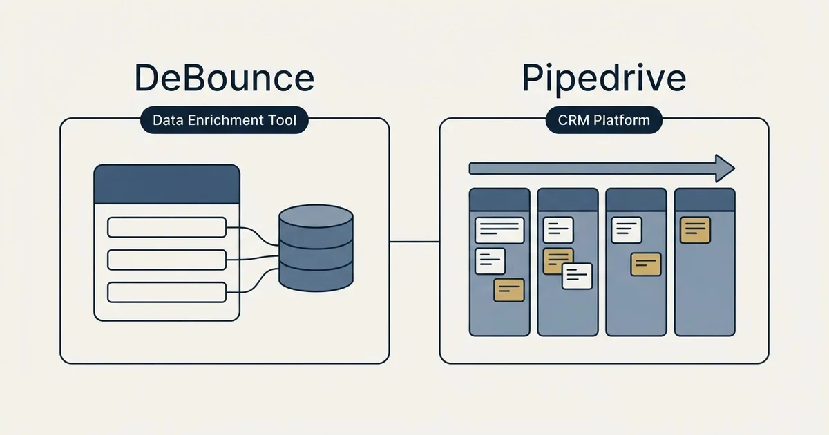 Side-by-side panels: DeBounce vs Pipedrive (Data Enrichment Tool, CRM Platform)