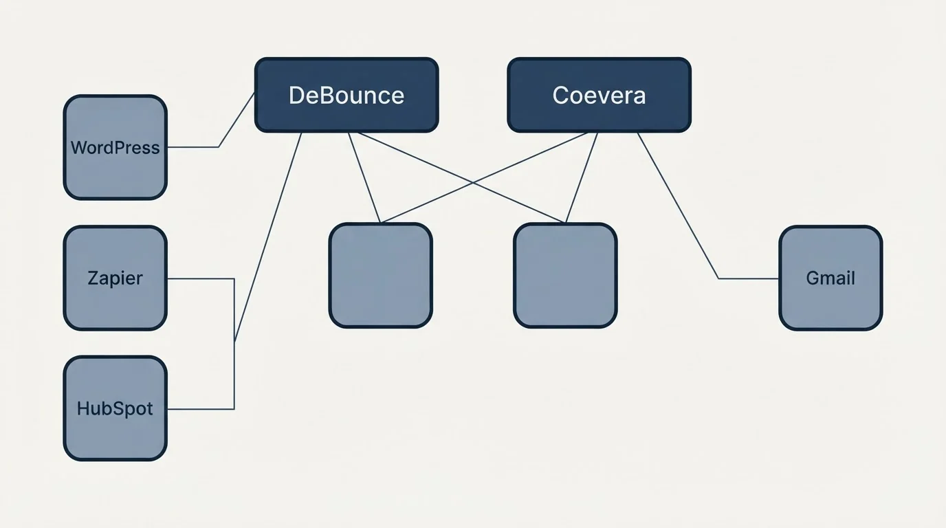 Integration grid: Integration Ecosystem (DeBounce, Coevera, WordPress, Gmail)