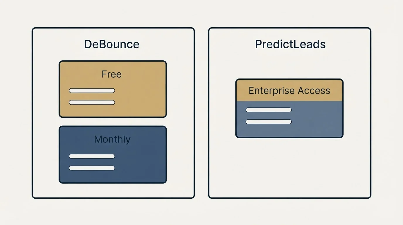 Pricing panels: Pricing Comparison (DeBounce, PredictLeads, Free, Enterprise Access)