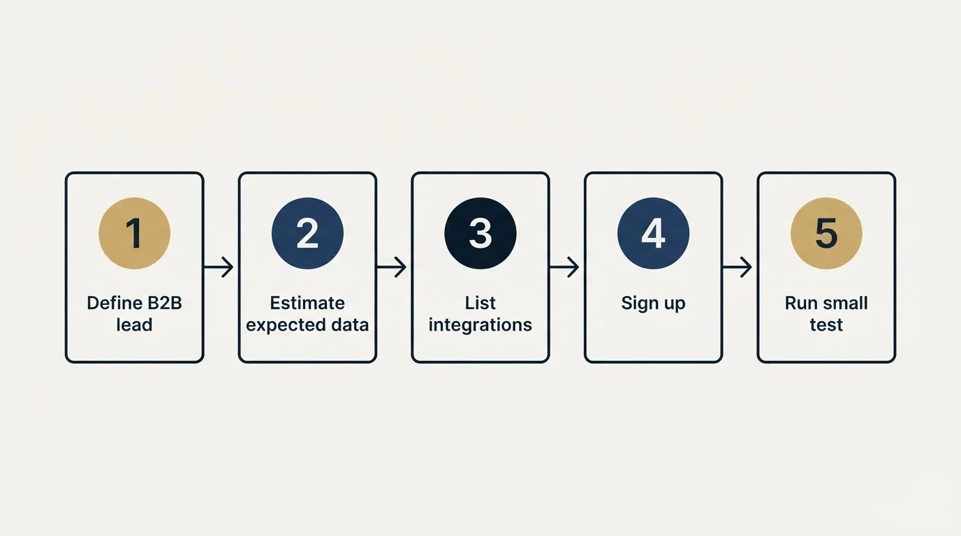 Step sequence: Getting Started Checklist (Define B2B lead, Estimate expected data, List integrations, Sign up)