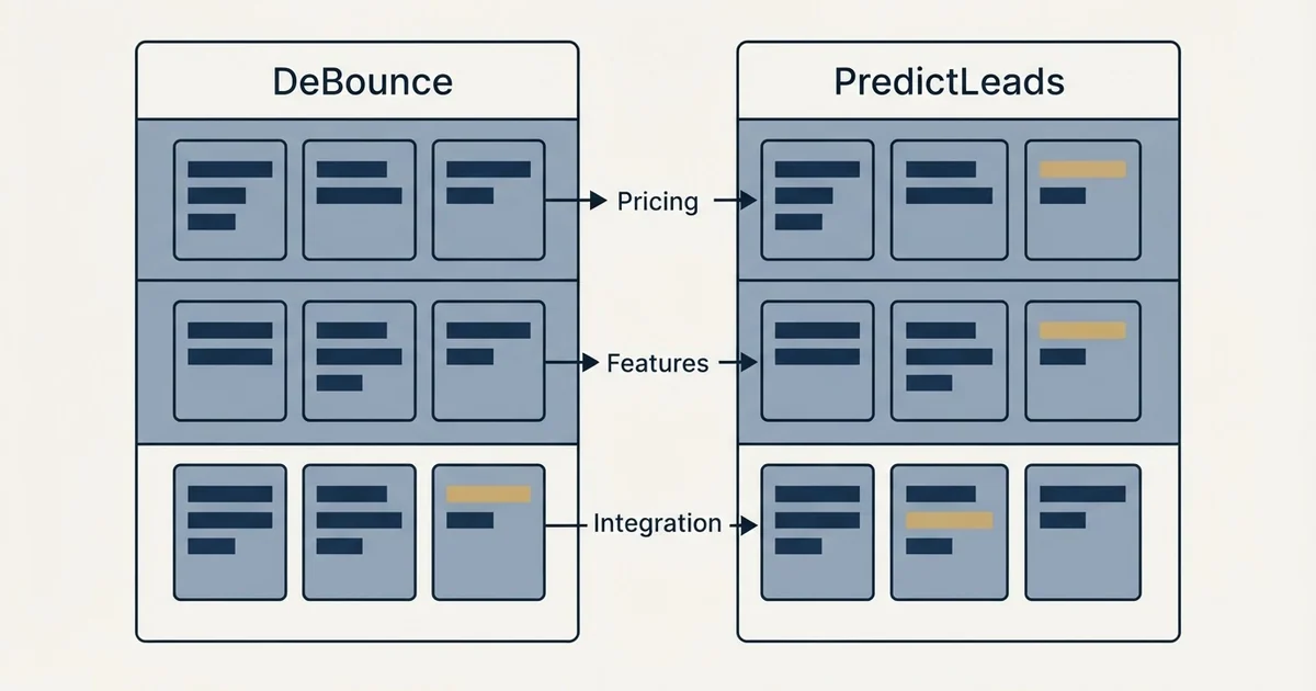 Comparison panel: DeBounce vs PredictLeads (Pricing, Features, Integration)