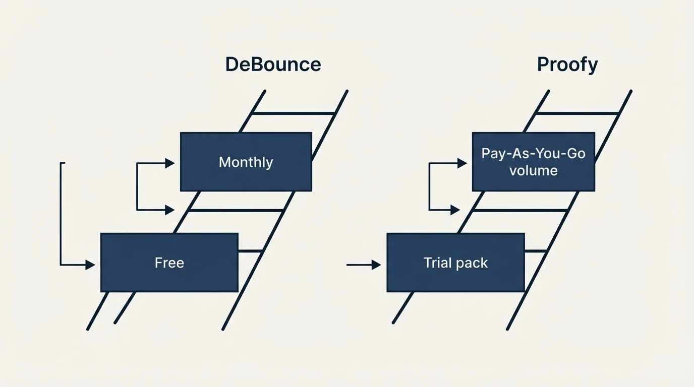 Pricing ladder: Pricing Comparison (DeBounce, Proofy, Free, Trial pack)